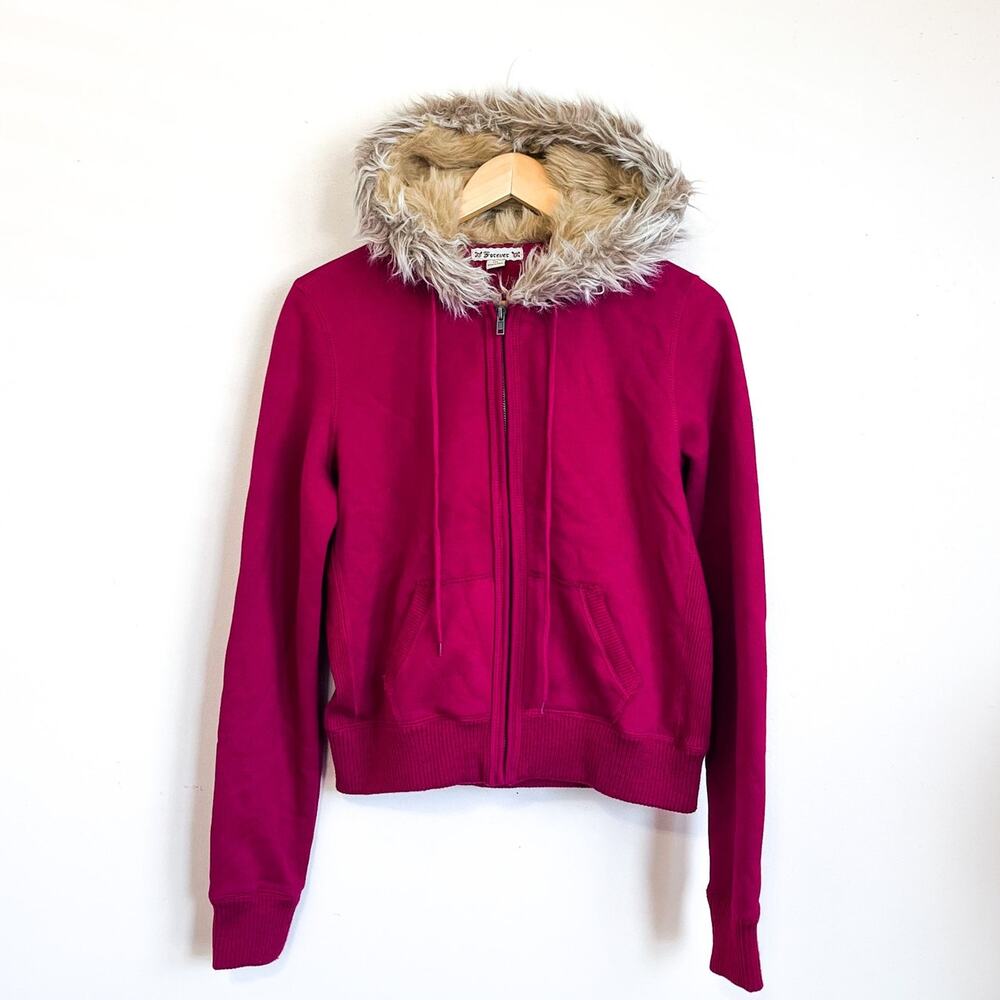Y2K Forever 21 Womens Faux Fur Hoodie Jacket Medium Red Full Zip  Pockets Cotton
